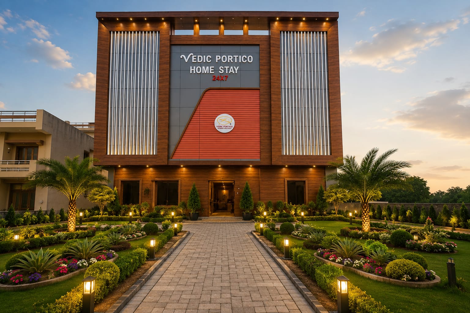 Exterior of Vedic Portico Hotel at dusk